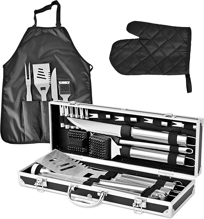 BBQ Grilling Accessories Set, 30Pcs Heavy Duty Grill Tools for Outdoor Camping, Stainless Steel Barbecue Utensils Kit with Aluminum Case and Apron，Grilling Gifts for Men Dad