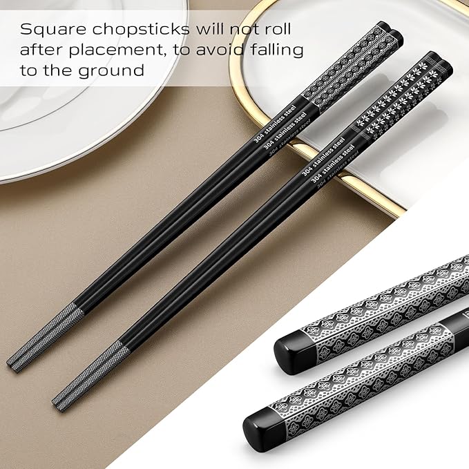 8 Pairs Metal Chopsticks Reusable Black Stainless Steel Chopsticks Set Laser Engraved Non-slip Japanese Korean Chinese Chopstick for Cooking Eating Dishwasher Safe 9.25" Chop Sticks Gift Set