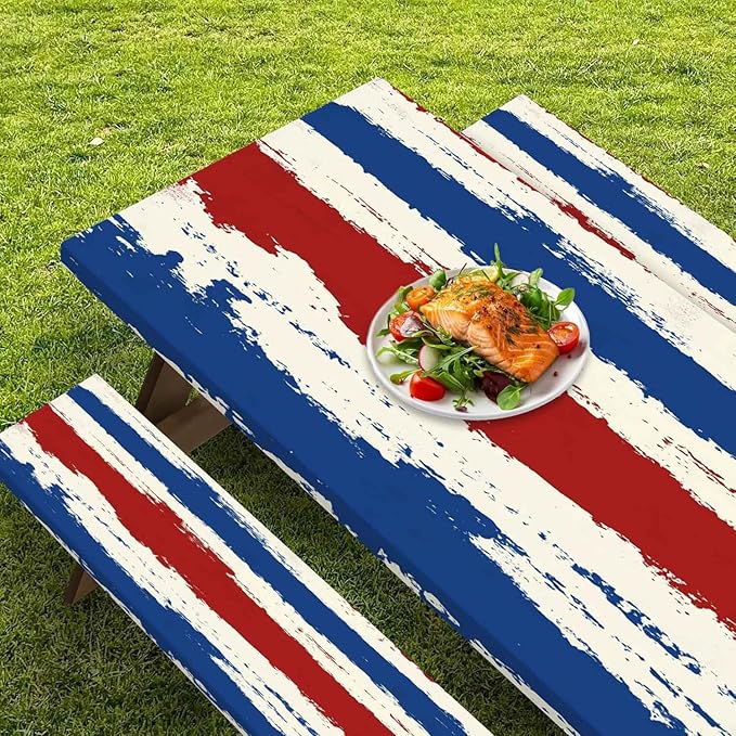 CAPSCEOLL Fitted Picnic Table Cover with Bench Covers with Elastic 6Ft Waterproof Camping Picnic Table Cover Cloths for Outdoors Camping Tablecloth with Drawstring Bag, 72X30in, Red Blue