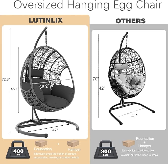 Oversized Hanging Egg Chair Outdoor Indoor, Wicker Swing Egg Chair with Stand 400lbs Capacity for Bedroom, Patio, Garden and Balcony (Grey-nest, Oversize)