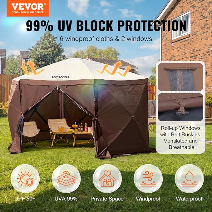 VEVOR Pop Up Gazebo Screen Tent 6 Sided Canopy Sun Shelter with 6 Removable Privacy Wind Cloths & Mesh Windows, 11.5x11.5FT Quick Set Screen Tent with Mosquito Netting, Brown