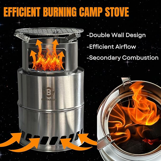 Bestargot Camping Wood Stove, Extra Large, Portable Smokeless Fire Pit, Stainless Steel, Windproof & Stackable Gas Burner for Camping, Hiking, Fishing, Hunting, Survival Stove