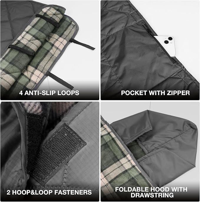 DUKUSEEK Waterproof Stadium Blanket, Hooded Outdoor Blankets Waterproof Windproof for Cold Weather, Emergency Warm Blanket with Quilted Cotton and Thick Fleece for Picnic, Camping, Outdoor Sports…