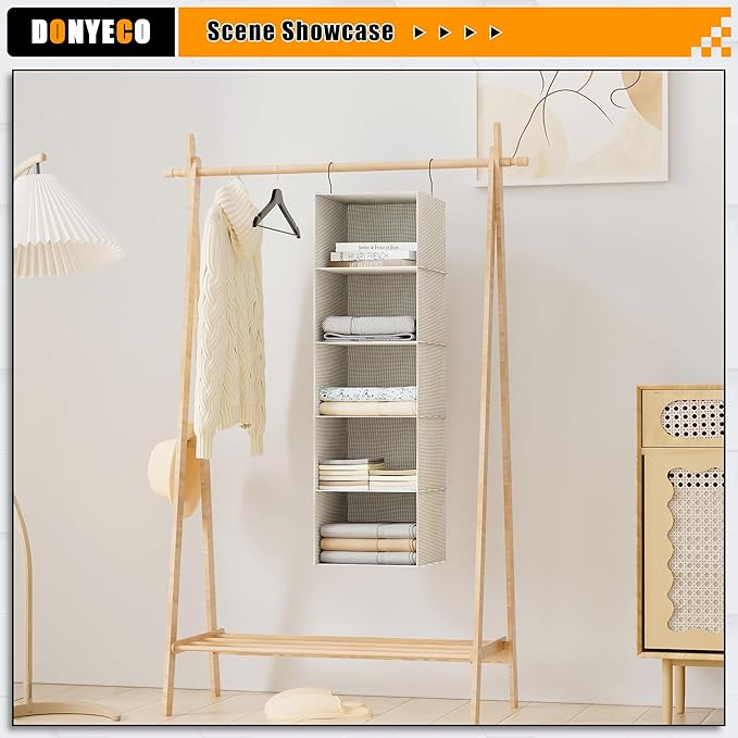 Hanging Closet Organizer, Easy Mount Foldable 5-Shelf Hanging Closet Wardrobe Storage Shelves, Clothes Handbag Shoes Accessories Storage, Imitation Linen Fabric, Beige Houndstooth