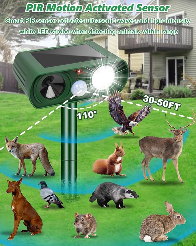 2PCS Solar Ultrasonic Animal Repellent Outdoor- Ultrasonic& Strobe Light Deer Repellent Devices for Deer/Cat/Squirrel/Raccoon/Rabbit/Bird/Owl/Dog - PIR Motion Detection, Yard Garden Protection