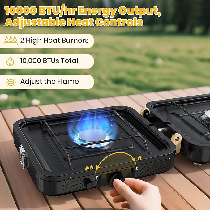 2 Burner Camping Stove, Folding Propane Camp Stove with Portable Carrying Bag, Adjustable High Heat Burners & Piezo Push-Button Instant Ignition, Outdoor Tailgating, Backyard BBQ Camping Essentials