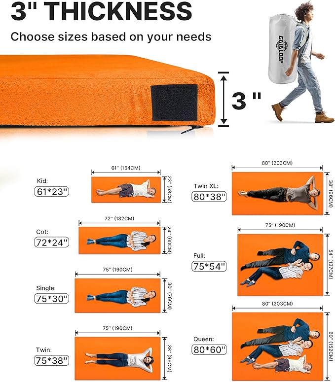 3 Inch GAIALOOP Thick Memory Foam Camping Mattress Sleeping Pad [Car/Tent/Cot] Glamping Portable Floor Mat Roll Up Futon Mattress for Guests Sleepover