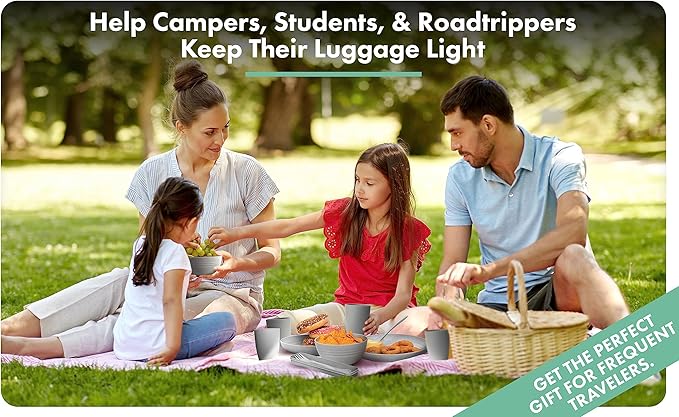 FOODLE Wheat Straw Dinnerware Set - BPA Free & Safety Tested - Microwave & Dishwasher Safe - Perfect for Picnic, Dorm, RV Dishes - Camping Plates Cups and Bowls Set - Great for Kids & Adults - For 4