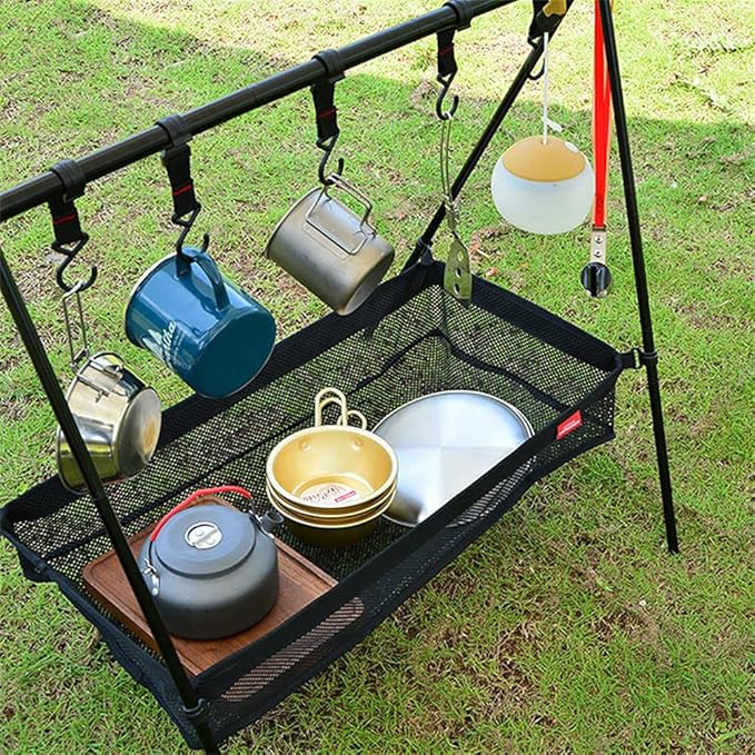 HUIOP Black Rustic/Outdoor Under Table Storage Bag, Mesh Caddy, Camping Table Tripod Rack Organizer