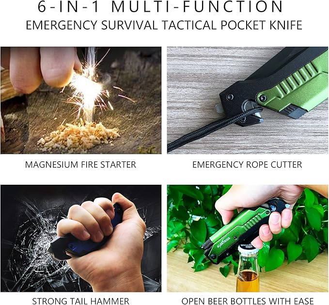 ALBATROSS Professional 6-in-1 Tactical Folding Knife - Survival Multi-Tool with LED Flashlight, Glass Breaker, Fire Starter, Seatbelt cutter - EDC Pocket Knife for Camping, Hunting & Emergency (Green)