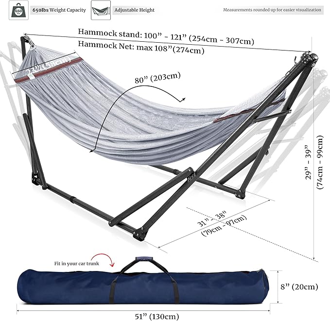 Tranquillo Universal Double Hammock with Stand Included for 2 Persons/Foldable Hammock Stand 600 lbs Capacity Portable Case - Inhouse, Outdoor, Camping, Grey