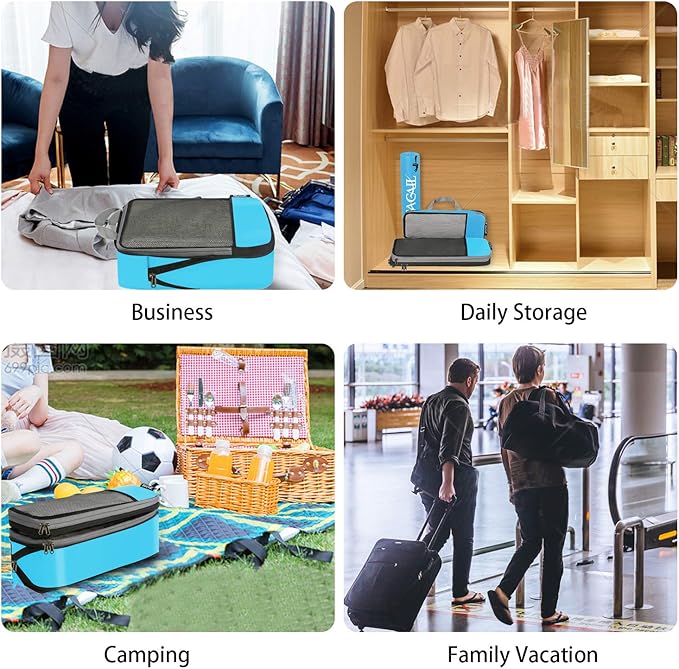 BAGAIL 4 Set/6 Set/8 Set Compression Packing Cubes Travel Accessories Expandable Packing Organizers (Half Mesh, 6-Blue)