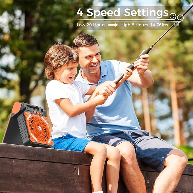 KITWLEMEN Solar Camping Fan with Lantern - Rechargeable Battery Operated Fan, 18H Run Time Max, 4 Speeds, 8H Timer, 90° Adjustable Portable Desk Fan for Hurricane, Power Outage, Outdoor Use