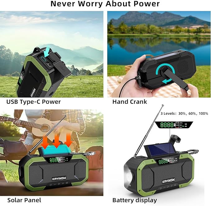 Hand Crank Emergency Radio,Portable AM FM NOAA Weather Radio,Solar Power,Battery Operated,USB Charging Flashlight,Cell Phone Charger,Waterproof,SOS for Camping,Power Outage,Survival Storm