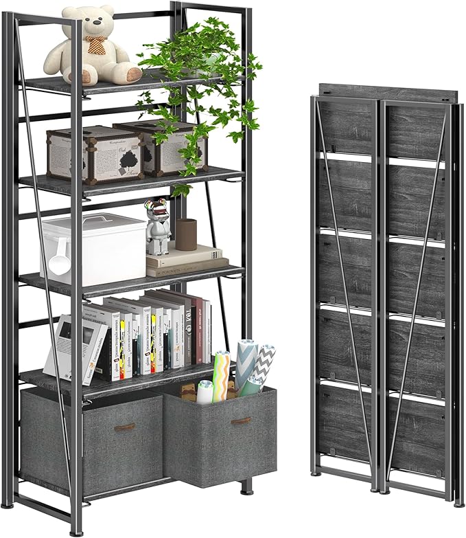 4NM No Assembly Folding Bookshelf, 5-Shelf 62.2" H Collapsible Foldable Bookcase Storage for Small Spaces, Gray and Black