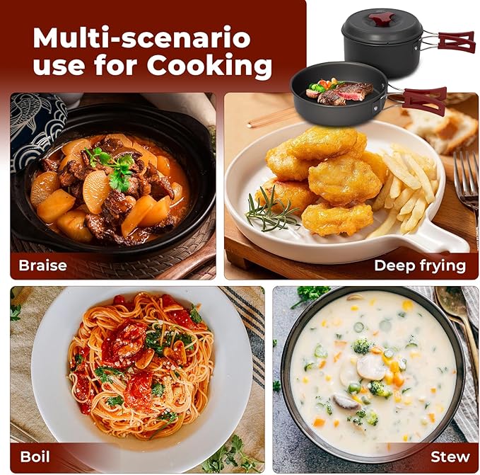 Bulin 24/13/11/8/4 PCS Camping Cookware Mess Kit Lightweight Backpacking Cooking Set Outdoor Cook Gear for Family Hiking, Picnic(Kettle, Pot, Frying Pan, Bowls, Plates, Spoon)