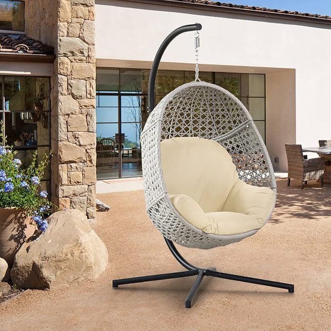 PRIVATE GARDEN Large Hanging Egg Chair with Stand Upgraded Wicker Egg Swing Chair Outdoor Indoor PE Rattan Hanging Chair with Beige Comfort Cushion Heavy Duty C-Stand
