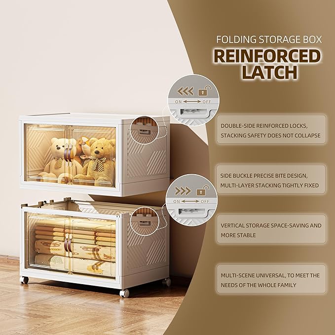 208 QT / 52 Gal Stackable Collapsible Storage Bins with Magnetic Doors & Wheels - Space-Saving Plastic Organizer Cabinet for Closet, Office, Home (White)