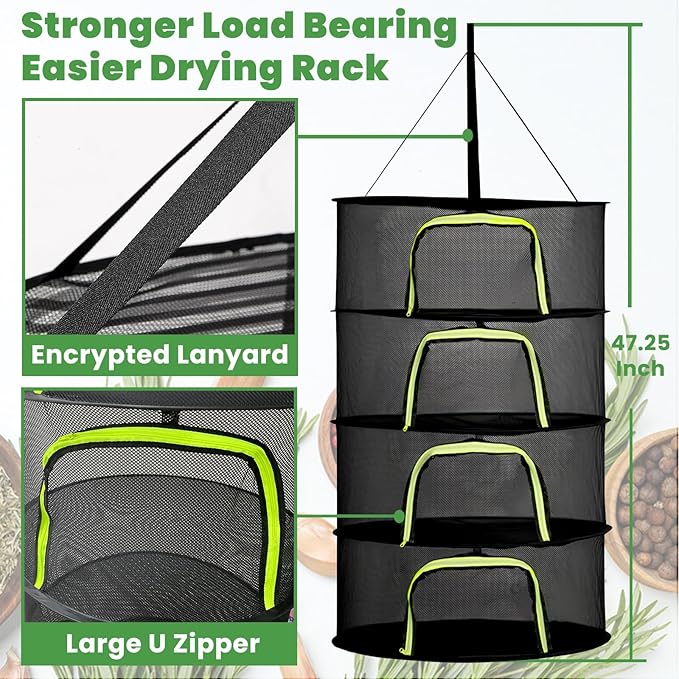 4 Layer 24" Herb Drying Rack Hanging with Garden Pruning Shears, Large Zipper, Hook & Notepad, Foldable Drying Rack for Herbs, Spices & Seasonings, Hanging Herb Dryer Indoor Outdoor