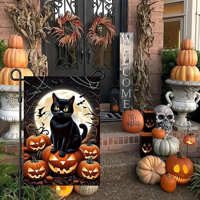 Halloween Garden Flag 12X18Inch Double Side, Jack O Lantern Yard flag, Cat Outside Small Garden Flag Decorative, Outdoor Flag for Holiday Patio Courtyard Lawn