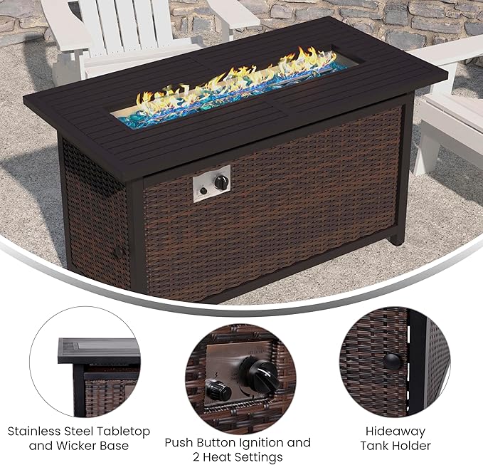 EMMA + OLIVER Ilya Propane Fire Table - Weather Resistant Wicker Base - Steel Top - 50,000 BTU's - Fits Standard Propane Tank (Not Included) - Includes Glass Beads
