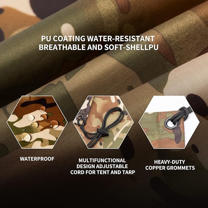 GRVCN Military Rain Poncho, Camouflage Raincoat Outdoor Waterproof Lightweight