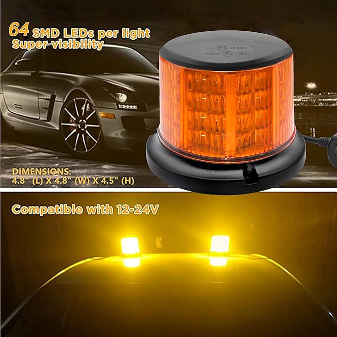 64LEDs Amber Strobe Lights for Trucks, 12-24V Safety Flashing Warning Light, 10 Modes Amber Emergency Lights for Vehicles, Magnetic Beacon Light for Trucks Vehicles Cars