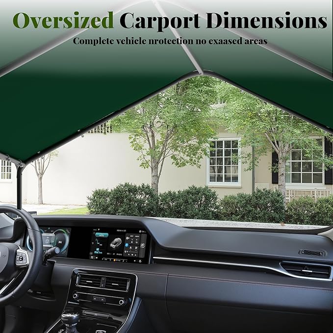 Carport, 10‘ x 20’ Heavy Duty Portable Garage All-Season Car Canopy w/Removable Sidewall & Doors, Carport Canopy Party Tent w/Water-Resistant Tarp for Backyard (Green, 10' x 20' /no Side)
