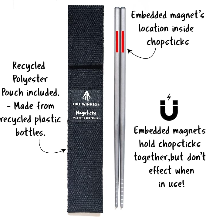 FULL WINDSOR - MAGSTICKS - Magnetic Titanium Chopsticks for Asian Cooking, Reusable Training Chopsticks for Travel, Cooking, and Dining, Lightweight Portable Utensils with Carrying Case for Daily Use