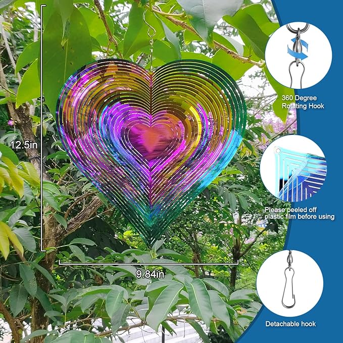 12in Wind Spinners Outdoor Color Heart Metal Wind Spinners for Yard and Garden, Stainless Steel Hanging Wind Chimes for Outside Patio Art Decor Whirligig Gifts for Mom Grandmother