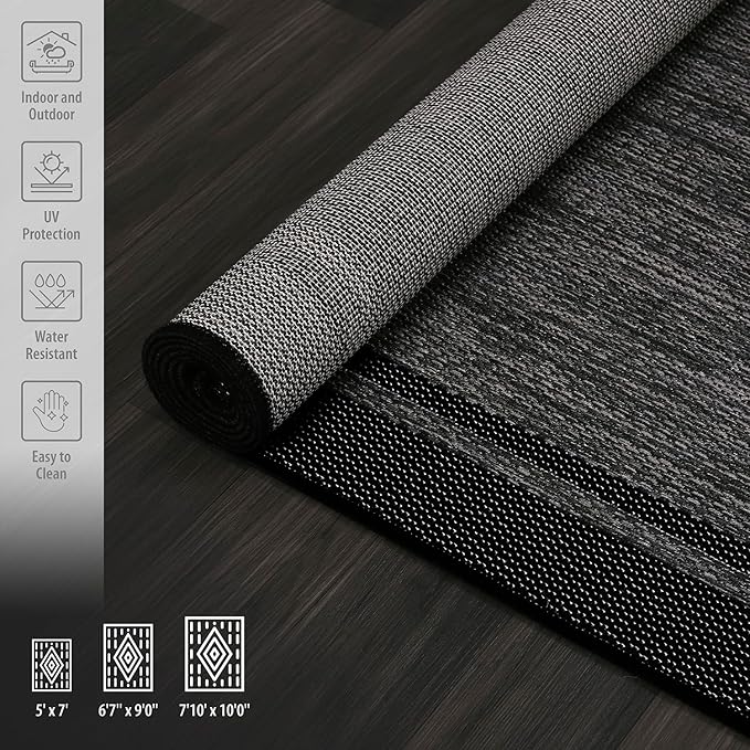 CAMILSON Indoor Outdoor Rug, 8x10 Bordered Dark Gray Black Modern Area Rugs for Indoor and Outdoor Patios, Kitchen and Hallway Mats, Washable Porch Deck Outside Carpet (Bordered Black, 8 x 10)