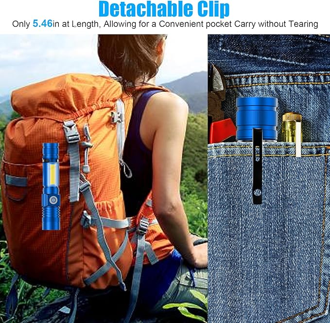 Hoxida Flashlight USB Rechargeable, Magnetic LED Flashlight, Super Bright LED Tactical Flashlight with Cob Sidelight, Waterproof, Zoomable Best Small LED Flashlight for Camping, Emergency - Blue