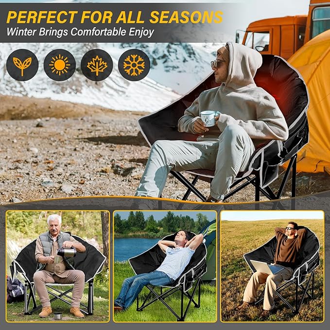 Oversized Heated Camping Chair, 3 Heat Levels Portable Heated Folding Chairs, Camping Heated Chair for Adults Supports 440 lbs, Heavy Lawn Chair for Camping/Patio/Outdoor Sport
