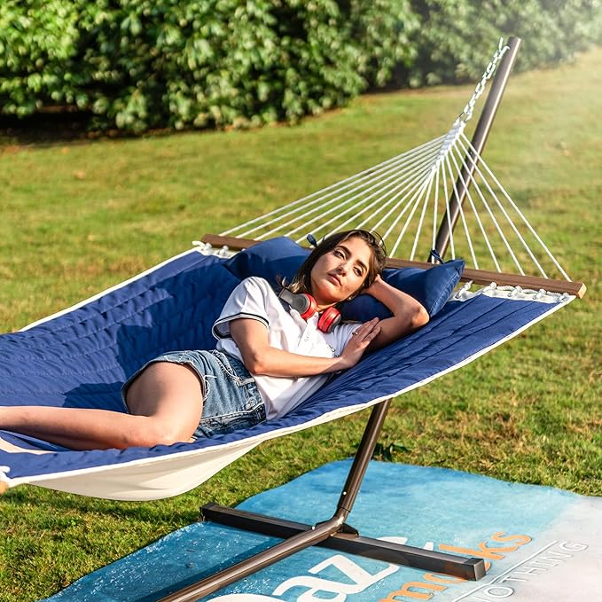 Lazy Daze Quilted Fabric Hammock with 12-Foot Stand, Double 2-Person Hammock with Pillow for Outdoor Outside Patio, Garden, Backyard, 450LB Capacity, Royal Blue