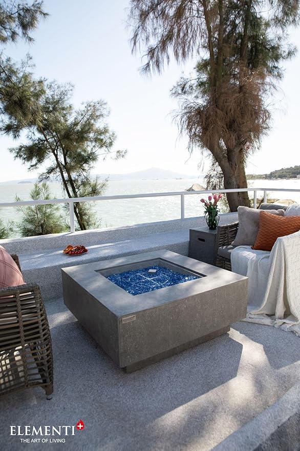 Elementi+ | Victoria Gas Fire Pit Cast Concrete 40" Square Fire Table, Outdoor Fire Pit Electronic Ignition | Canvas Cover, Fire Glass and Burner Lid Included | Light Gray | Propane Gas