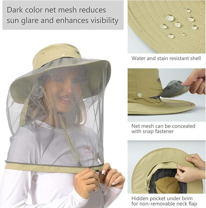 BASSDASH UPF 50+ Mosquito Sun Hat with Hidden Head Net and Neck Flap for Men Women Outdoor Fishing Hiking Camping FH16