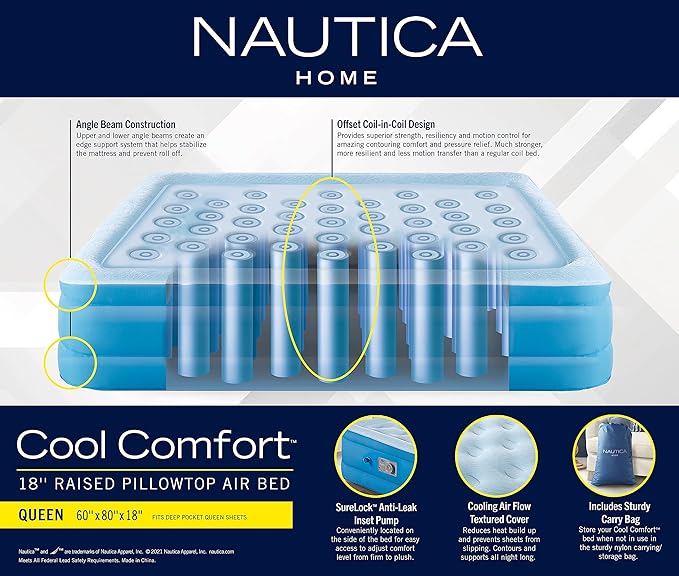 Nautica Home 18" Cool Comfort Size Queen Premium Air Mattress with Pillow Top, Raised Inflatable Airbed, Comfort Coil Technology, Built-in Pump, Anti-Leak Vinyl, Storage Bag