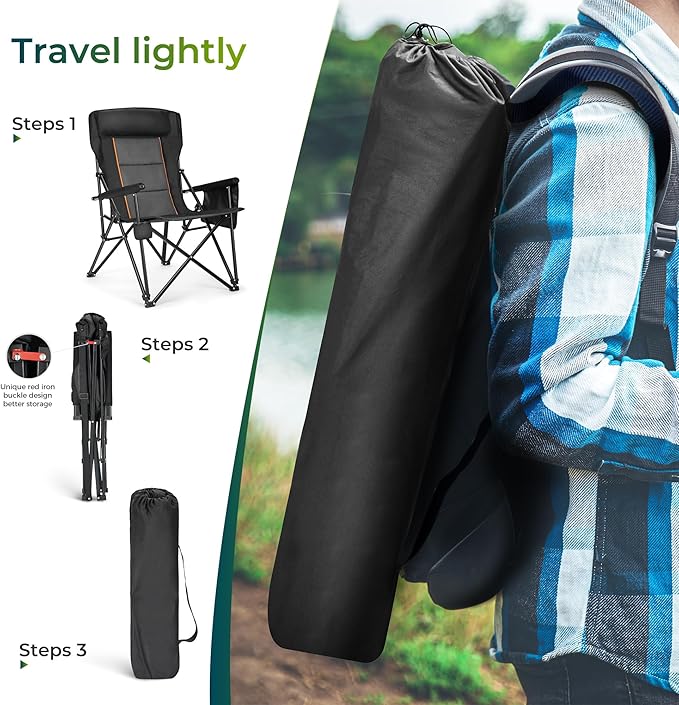 ALPHA CAMP Oversized Folding Camping Chairs for Adults High Backrest Heavy Duty Lawn Chairs Support 500 LBS Portable Camp Chairs with Cup Holders Large Side Pocket Outdoor Chair 2 Pack