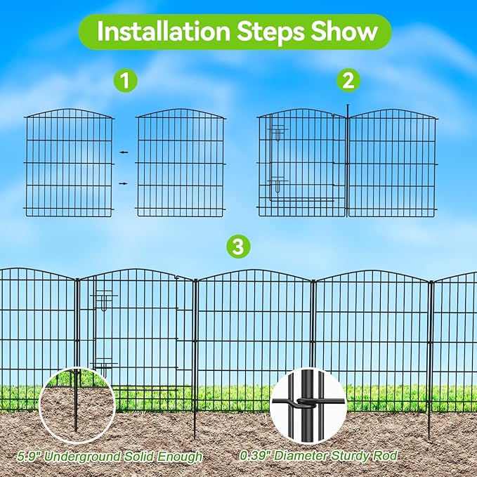 INJOPEXI Decorative Garden Fence 6 Panels 11.8ft (L)×30in (H) Garden Fence No Dig Animal Barrier Fencing with 5 Panels + 1 Gate Rustproof Metal Wire Temporary Dog Fence Border for Patio Outdoor Yard