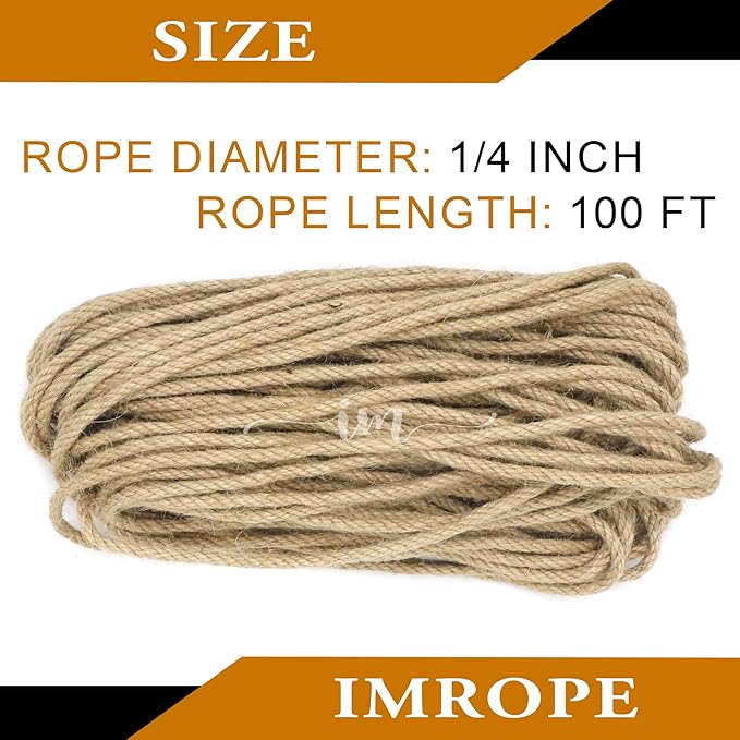 Jute Rope 1/4 Inch 100 ft 6mm Thick Natural Clothesline Garden Twine Rope, 4 Strands Heavy Duty & Strong Decorative String for Crafts, Hanging Plants, Packing & Bundling by IMROPE