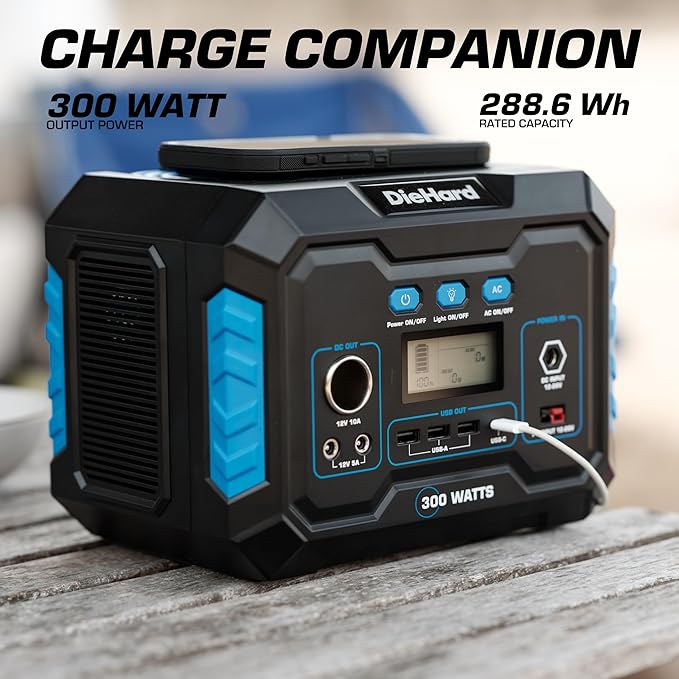 DieHard Portable Power Station 300-Watt (600-Watt Peak) 288.6Wh - Solar Generator (Solar Panel Optional), for Home Backup, Weather Emergencies, Outdoor Recreation, Jobsite and more
