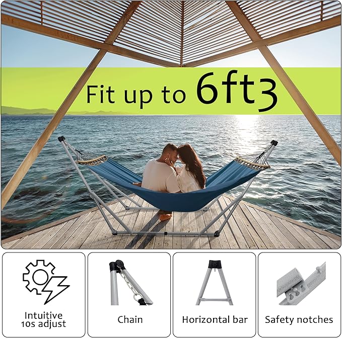 Tranquillo Ultimate Relaxation Portable Hammock Stand with Cotton Canvas, Spreader Bar, Quick Fold Unfold in 30 Seconds Steel Frame Hammock 600 lbs Capacity Hammock Set, White Frame, Blue