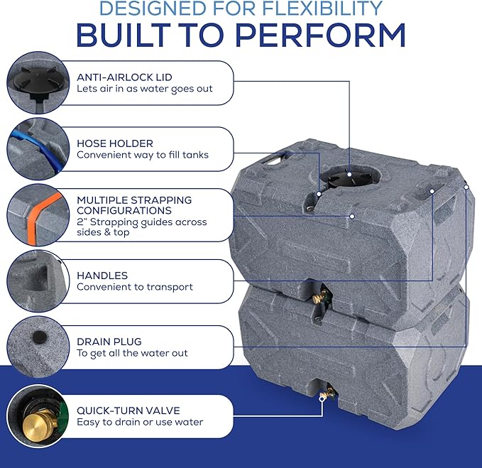 Exodus 35 Gallon Water Storage Tank by Rockwell Products | Emergency Water Storage Container | Stackable, BPA Free, Made in The USA (Granite)