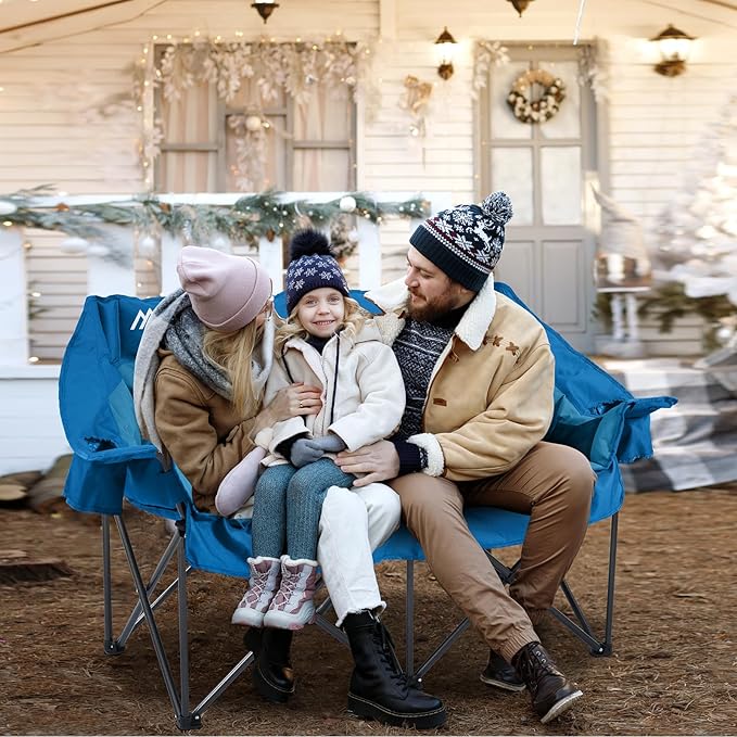 Double Camping Chairs Padded Loveseat Chair for 2 Person - Heavy Duty Oversized Camping Couch for Adults Outdoor Lawn Beach - Portable Folding Sofa with Cup Holders and Carry Bag, Bright Blue