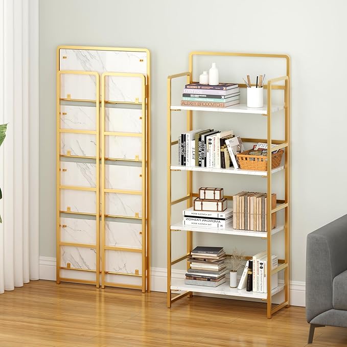 4NM No Assembly Folding Bookshelf, 4-Shelf 54" H Collapsible Foldable Bookcase Storage for Small Spaces, White and Golden