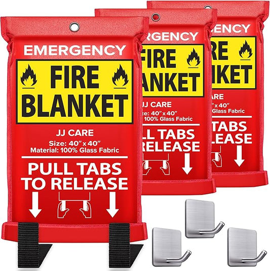 JJ CARE Fire Blanket – 3 Packs with Hooks – Emergency Fire Blanket for Home & Kitchen, High Heat Resistant Fire Suppression Blankets for Home Safety, Kitchen, and Camping