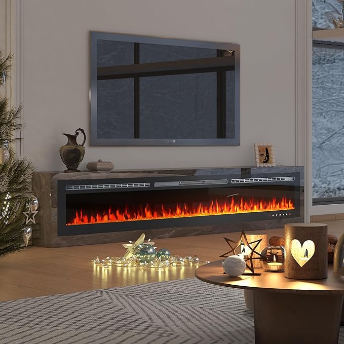 CharaVector 100 inch 750W/1500W Electric Fireplace Inserts with Remote Control in Wall Mounted, Energy Saving LED Insert Fireplace Heater Indoor Glass View with Remote Control & Touch Screen, Black