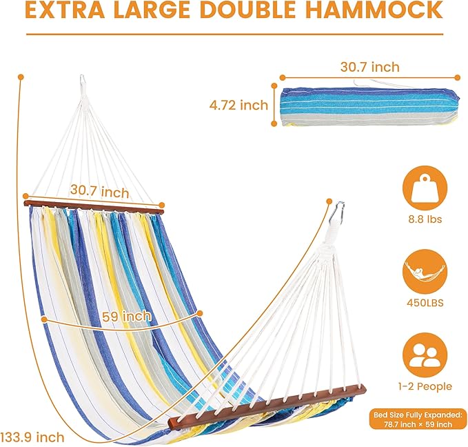 Lazy Daze Hammocks Cotton Fabric Spreader Bar Hammock, Outdoor Portable Hammock with Carrying Bag & Tree Straps for Bedroom, Patio, Backyard, Balcony, Max 450lbs Capacity, Blue & Yellow