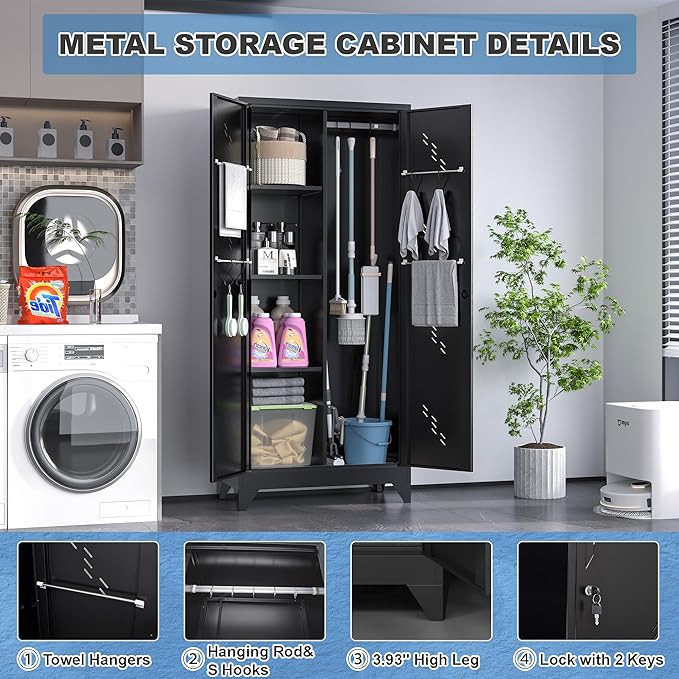 Broom Closet Storage Cabinet, 71" Metal Garage Cabinets with Lock & Hanging Rods, Utility Closet for Brooms and Mops, Cleaning Tool Cabinet for Home Office, Laundry Room