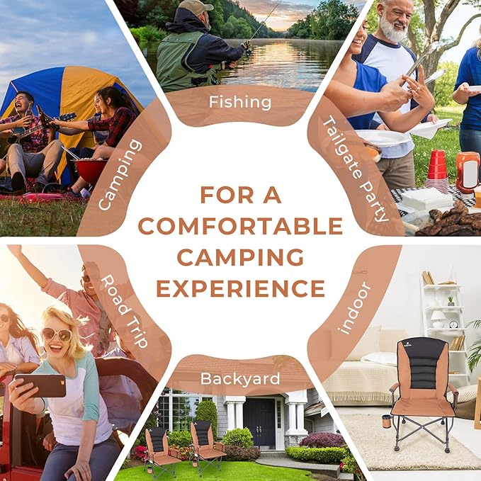 Camping Chairs for Adults, Adjustable Backrest Heavy Duty Oversized Folding Camping Chair Supports 350lbs for Outside with Cup Holder&Side Pocket, Outdoor Folding Camp Chair with High Back (Brown)